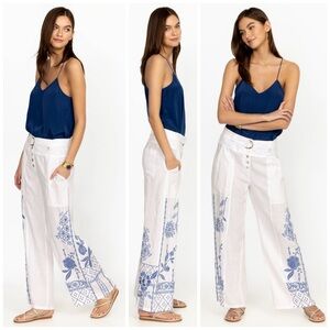Johnny Was Lyra White Blue Embroidered Linen Belted Wide Leg Pants Large NWT NEW